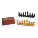 Boxwood and ebonised Staunton pattern chess set, the largest piece 8cm high