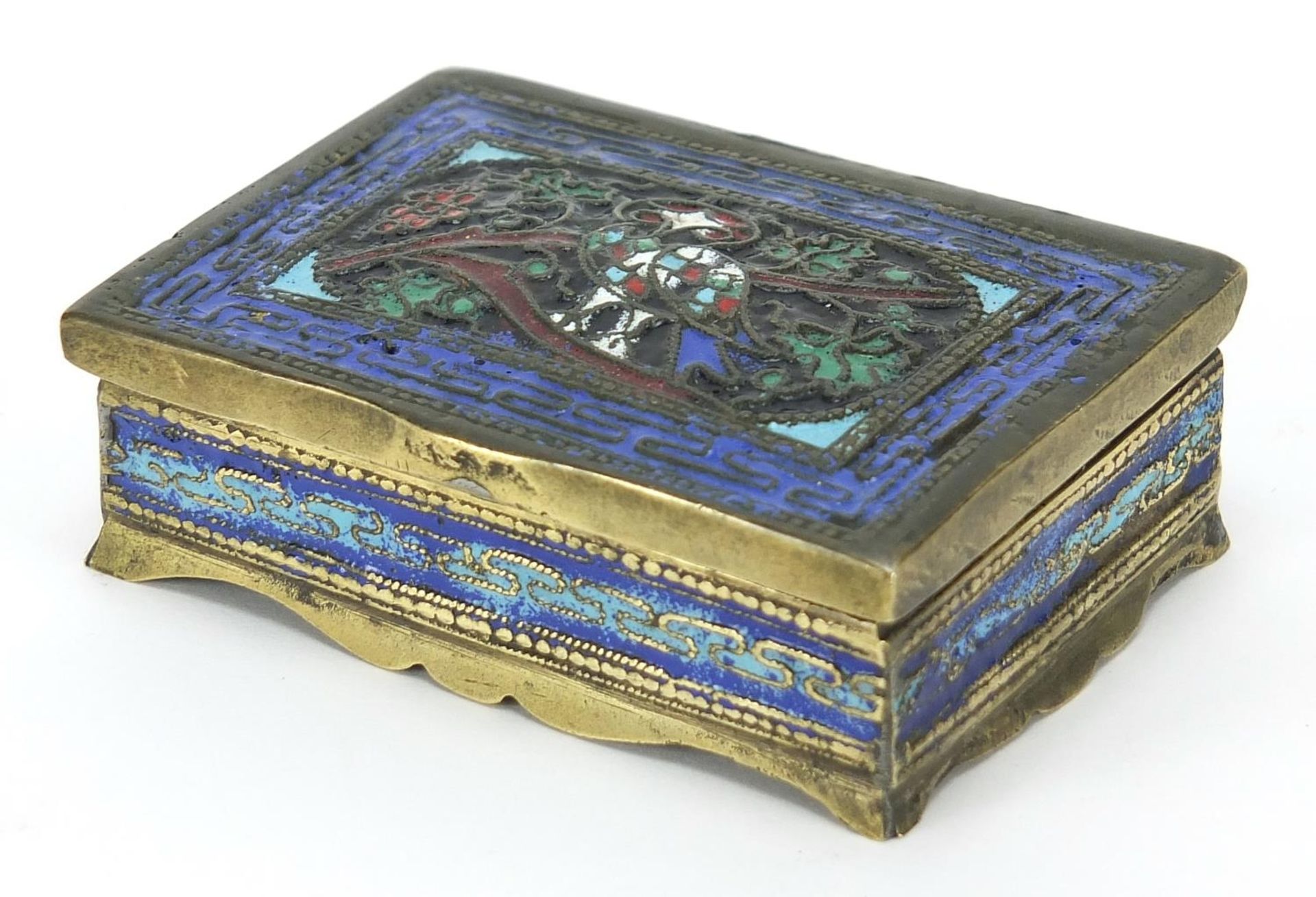 Rectangular brass box enamelled with an owl, 7.5cm wide