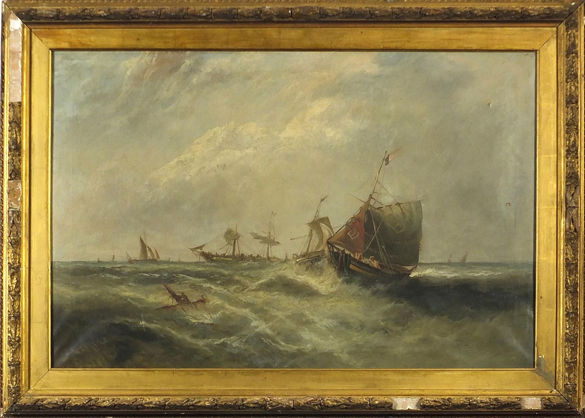 William P Rogers - Boats on water, 19th century maritime oil on canvas, mounted and framed, 75cm x - Image 2 of 4