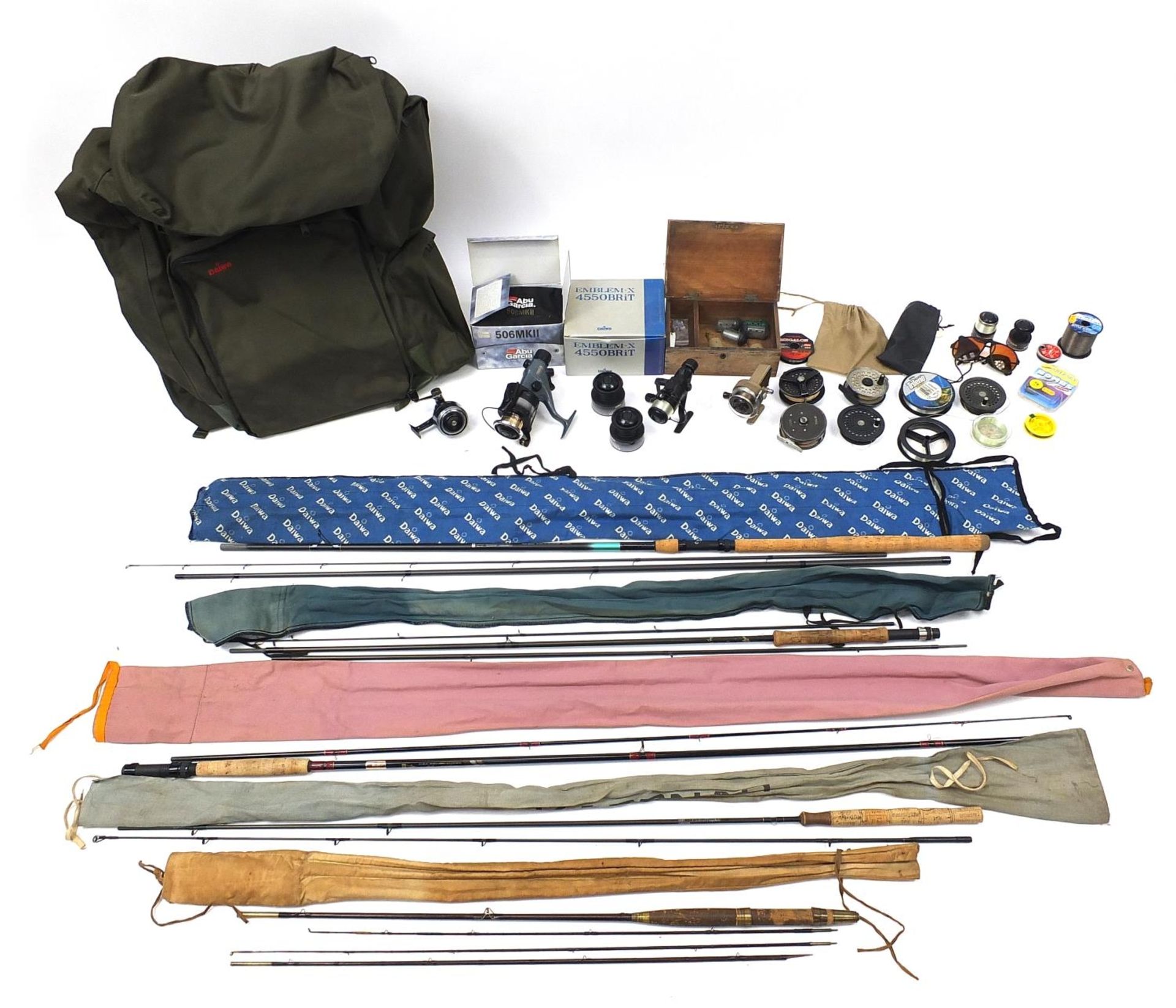 Collection of vintage and later salmon, trout fishing rods, reels and tackle including Daiwa