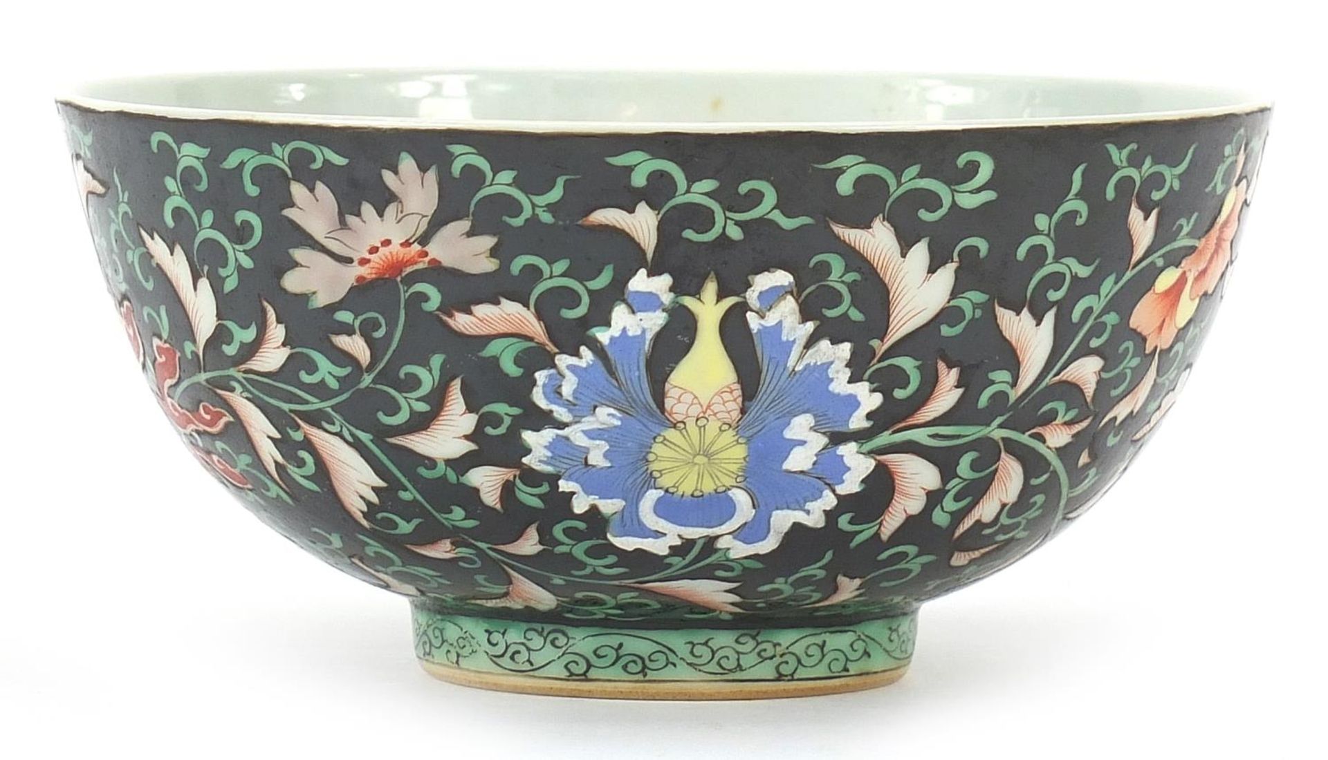 Chinese porcelain bowl hand painted in the famille noire palette with flower heads amongst scrolling - Image 2 of 3