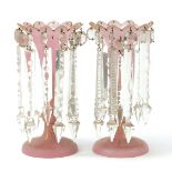 Pair of 19th century pink opaline glass lustre vases with cut glass drops, each 27.5cm high