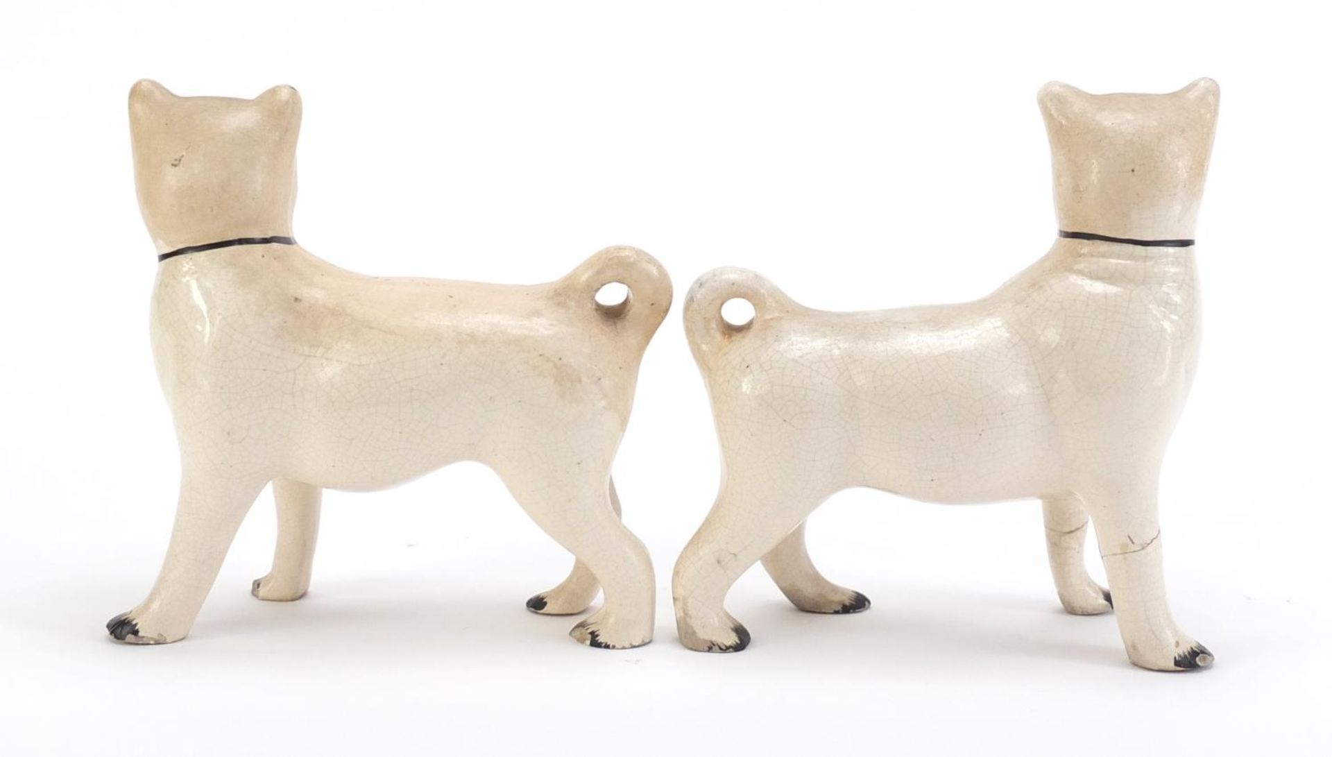 Pair of Staffordshire pottery pug dogs, each 15cm in length - Image 3 of 6
