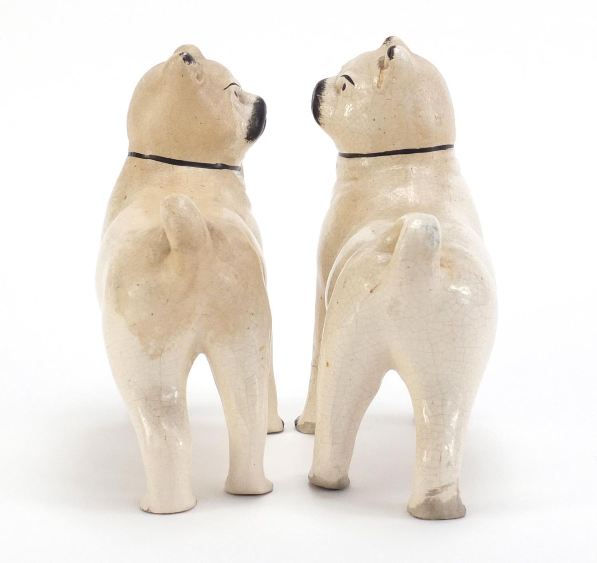 Pair of Staffordshire pottery pug dogs, each 15cm in length - Image 4 of 6