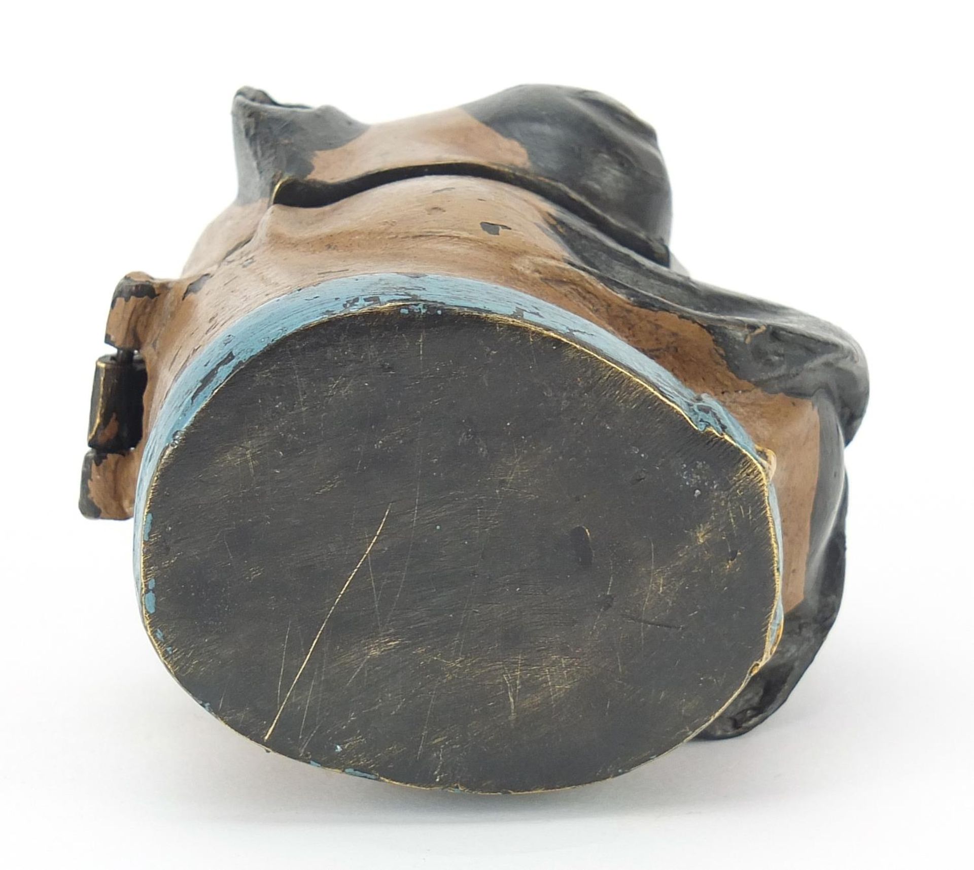 Cold painted bronze inkwell in the form of a dog's head with hinged lid, 9cm high - Image 3 of 3