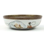Large Japanese Kutani porcelain bowl hand painted with a tortoise and cranes, character marks to the