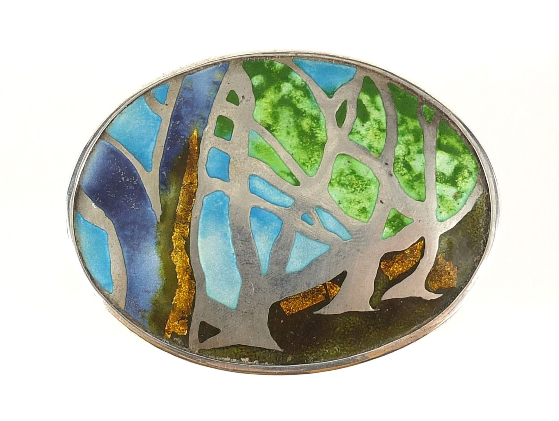 Oval silver box and cover enamelled with stylised trees, JASSO makers mark, London 2000, 5cm high - Image 2 of 5