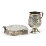 Miniature sterling silver cup and a Persian unmarked silver box, the largest 7.5cm in length,
