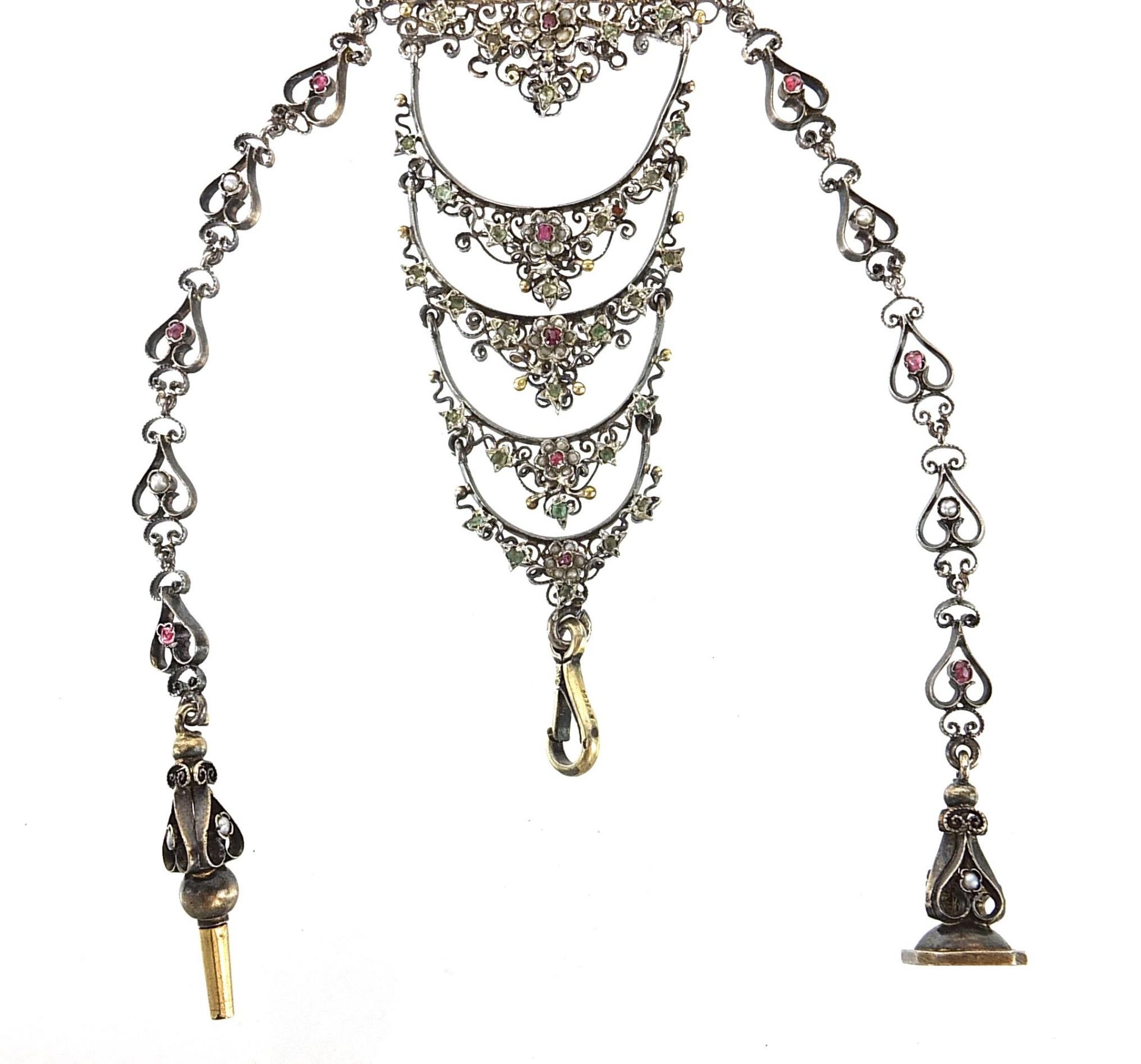 Antique unmarked white metal ruby and multi gem chatelaine with watch key, fob and panel enamelled - Image 4 of 5