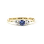 9ct gold sapphire and diamond three stone ring, size R, 1.4g