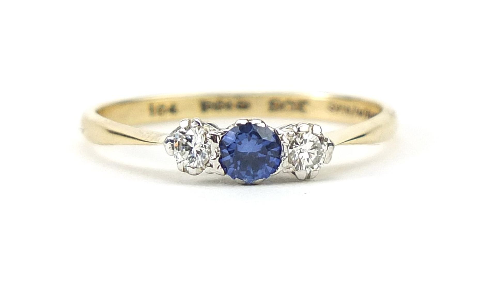 9ct gold sapphire and diamond three stone ring, size R, 1.4g