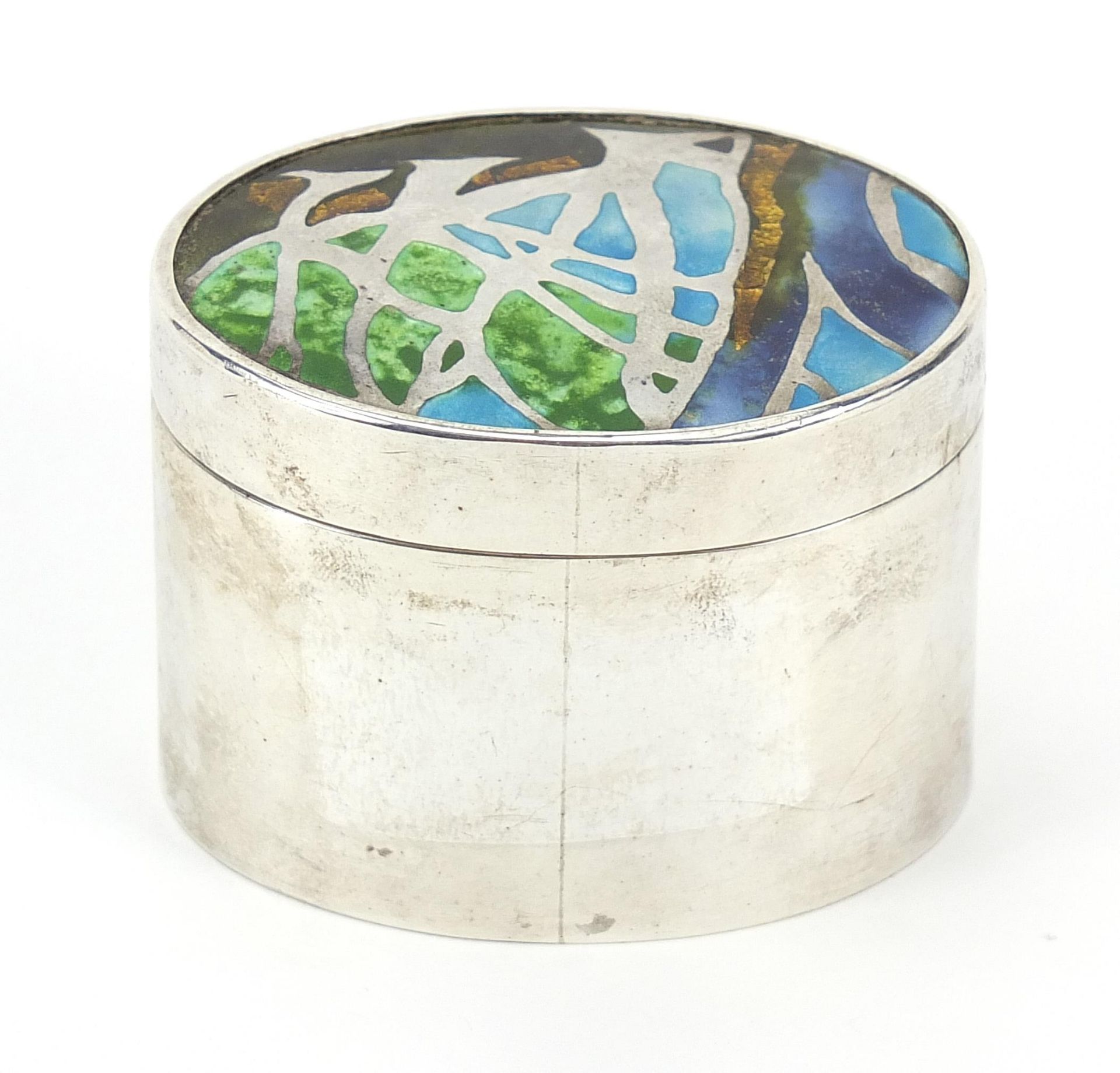 Oval silver box and cover enamelled with stylised trees, JASSO makers mark, London 2000, 5cm high - Image 3 of 5