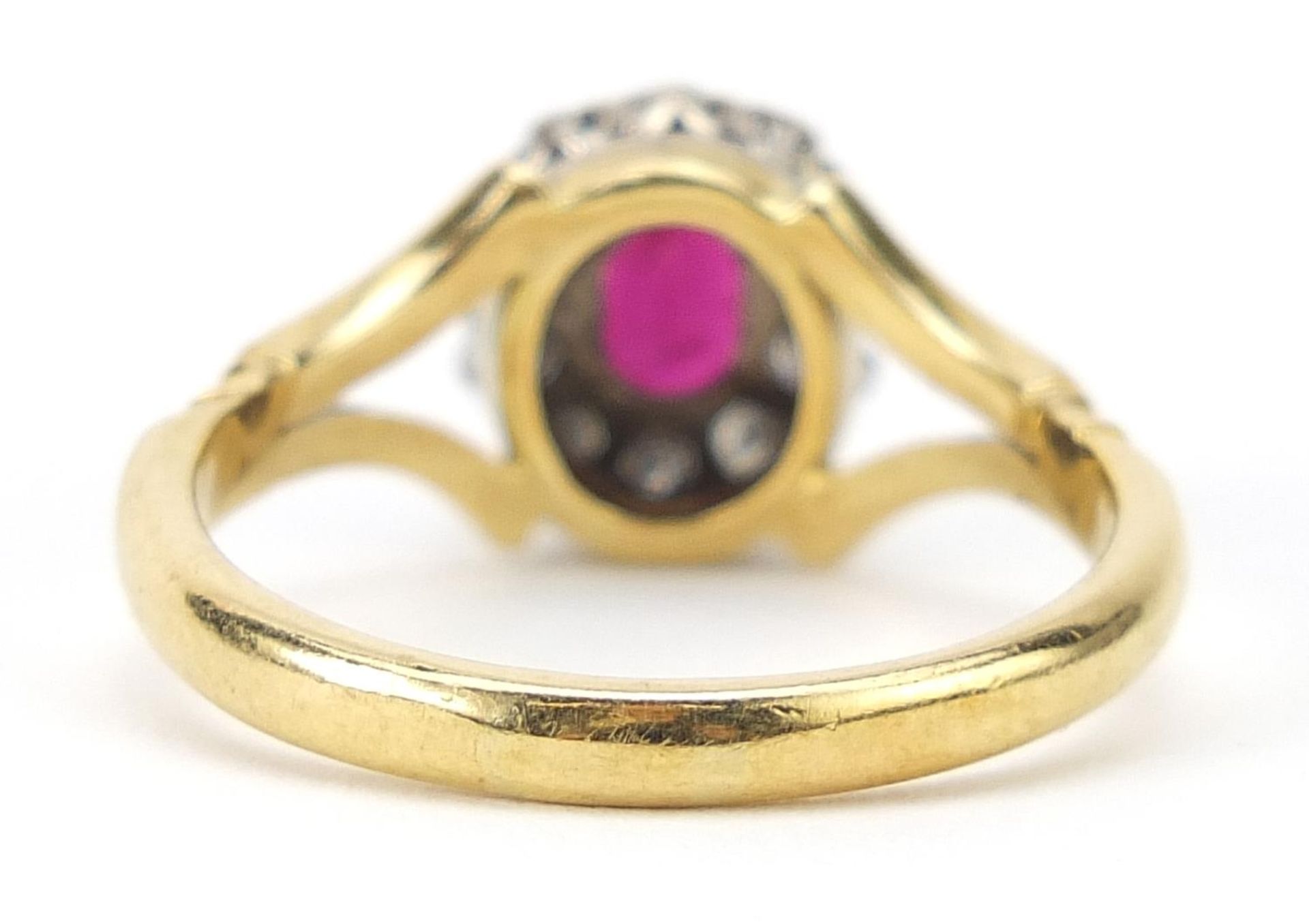 Unmarked gold ruby and diamond cluster ring housed in a Bruford Eastbourne-Exeter box, size R/S, 5. - Image 3 of 6