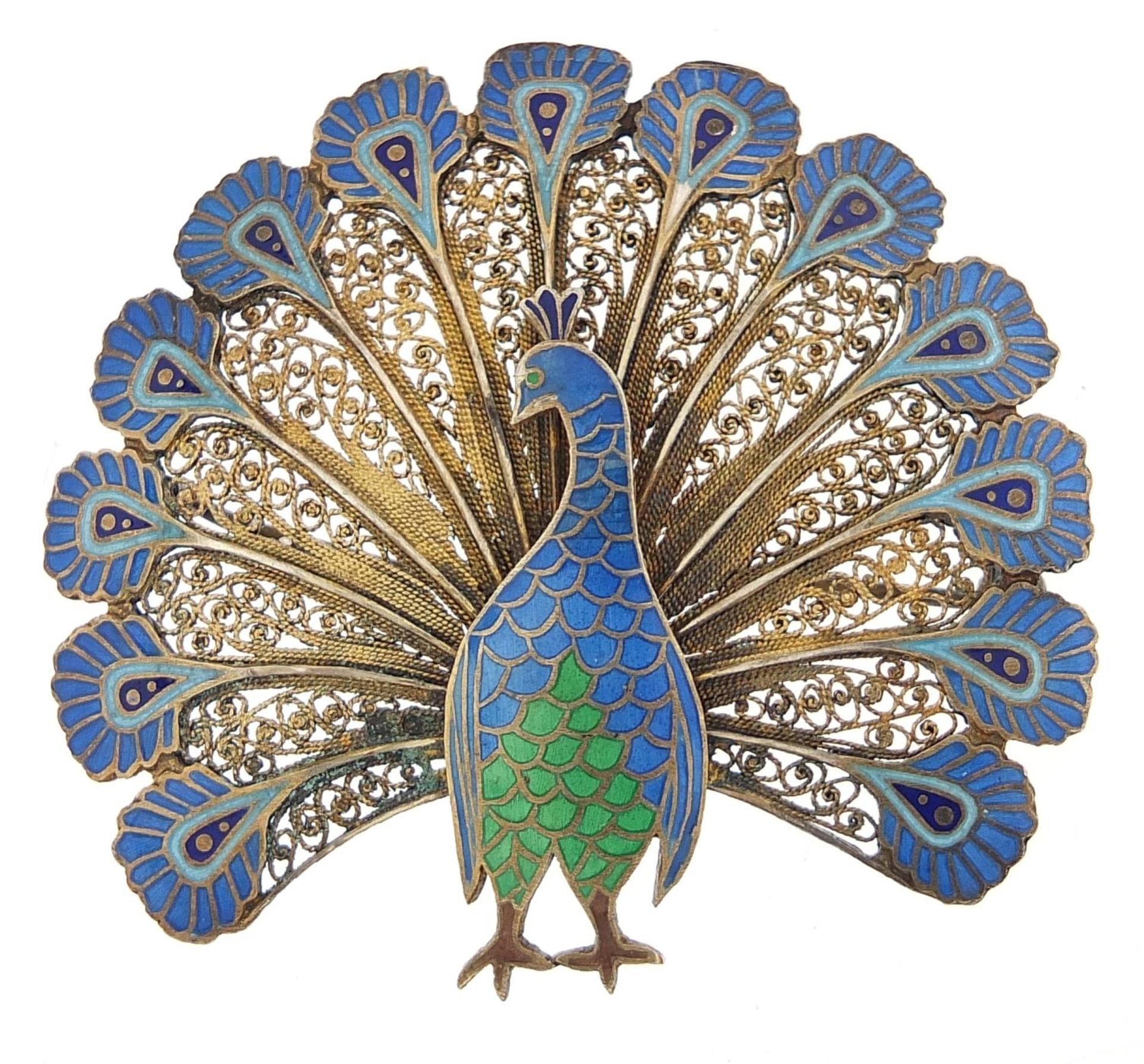 Topazio, Portuguese silver filigree and enamel peacock brooch, 5cm wide, 10.6g