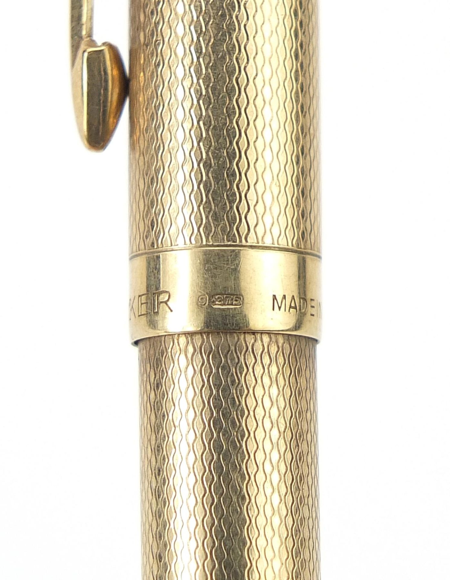 Parker, 9ct gold cased Biro pen with engine turned body, 12.8cm in length, 18.5g - Image 5 of 5