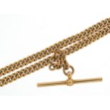 9ct rose gold watch chain with T bar, 35cm in length, 30.5g