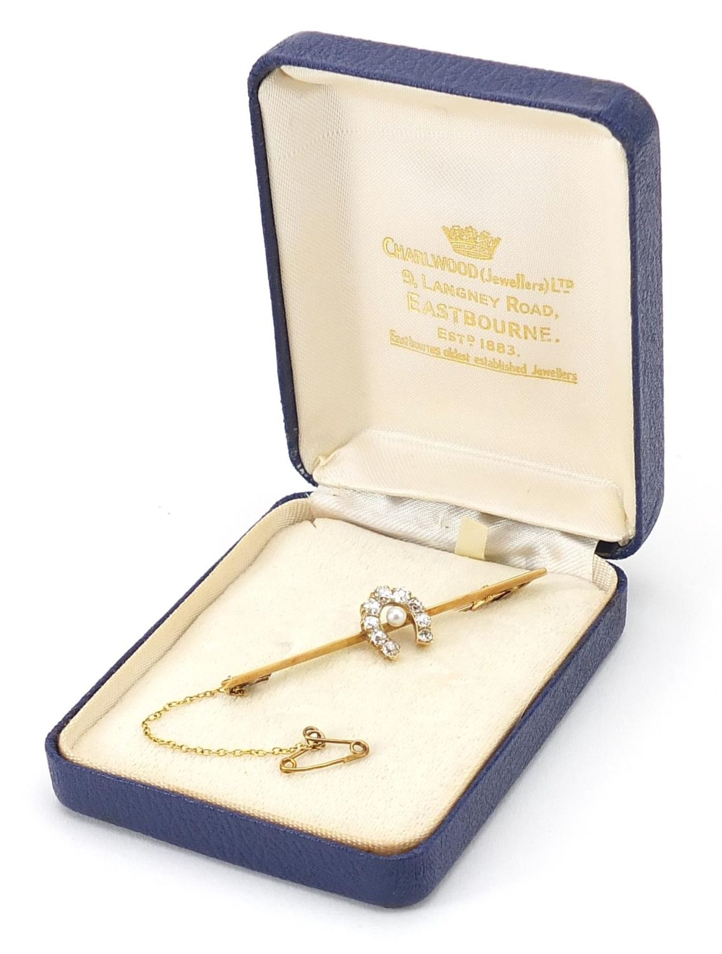 Unmarked gold diamond and pearl horseshoe bar brooch, the largest diamond approximately 0.11ct, - Image 5 of 6