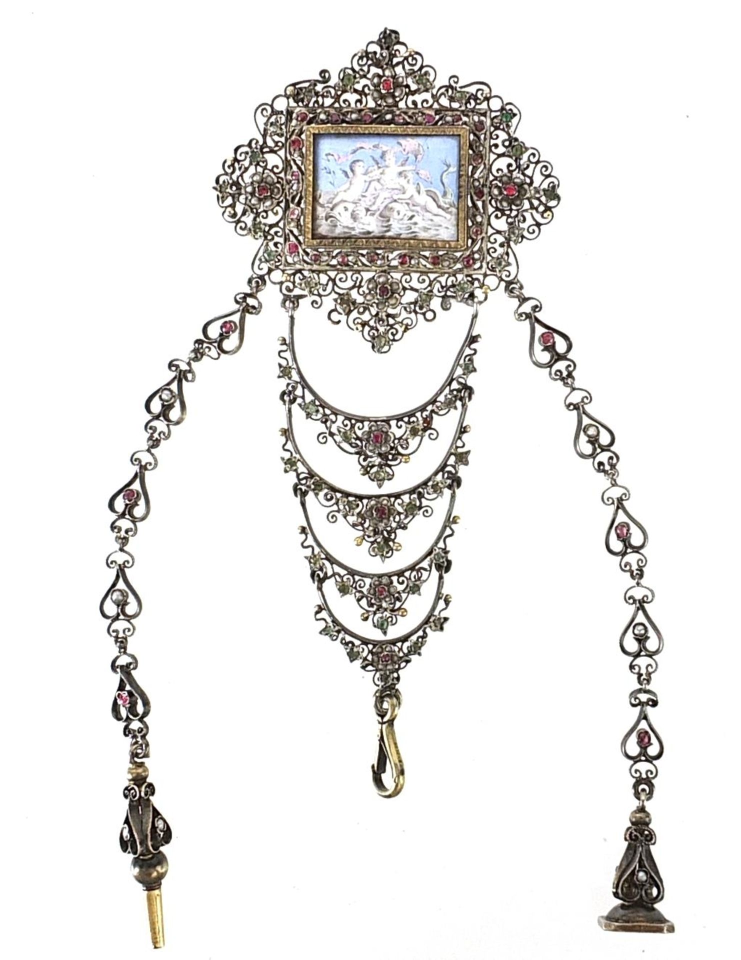 Antique unmarked white metal ruby and multi gem chatelaine with watch key, fob and panel enamelled