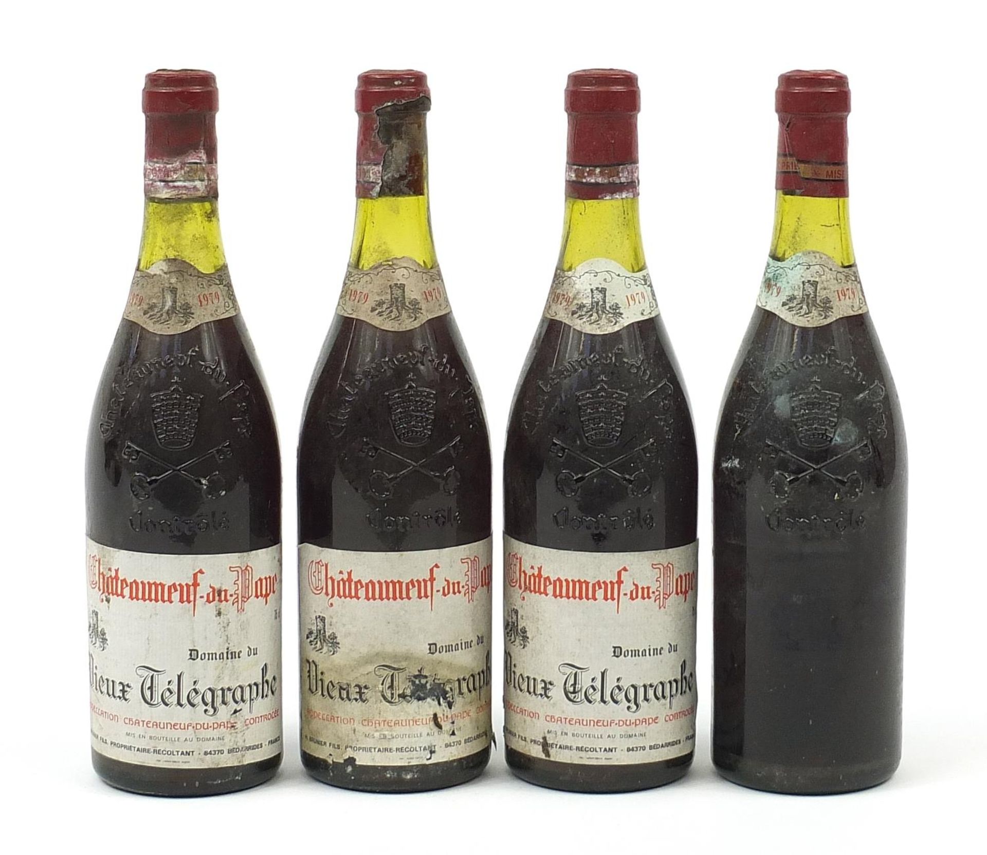Four bottles of 1979 Vieux Telegraphe Chateauneuf du Pape red wine