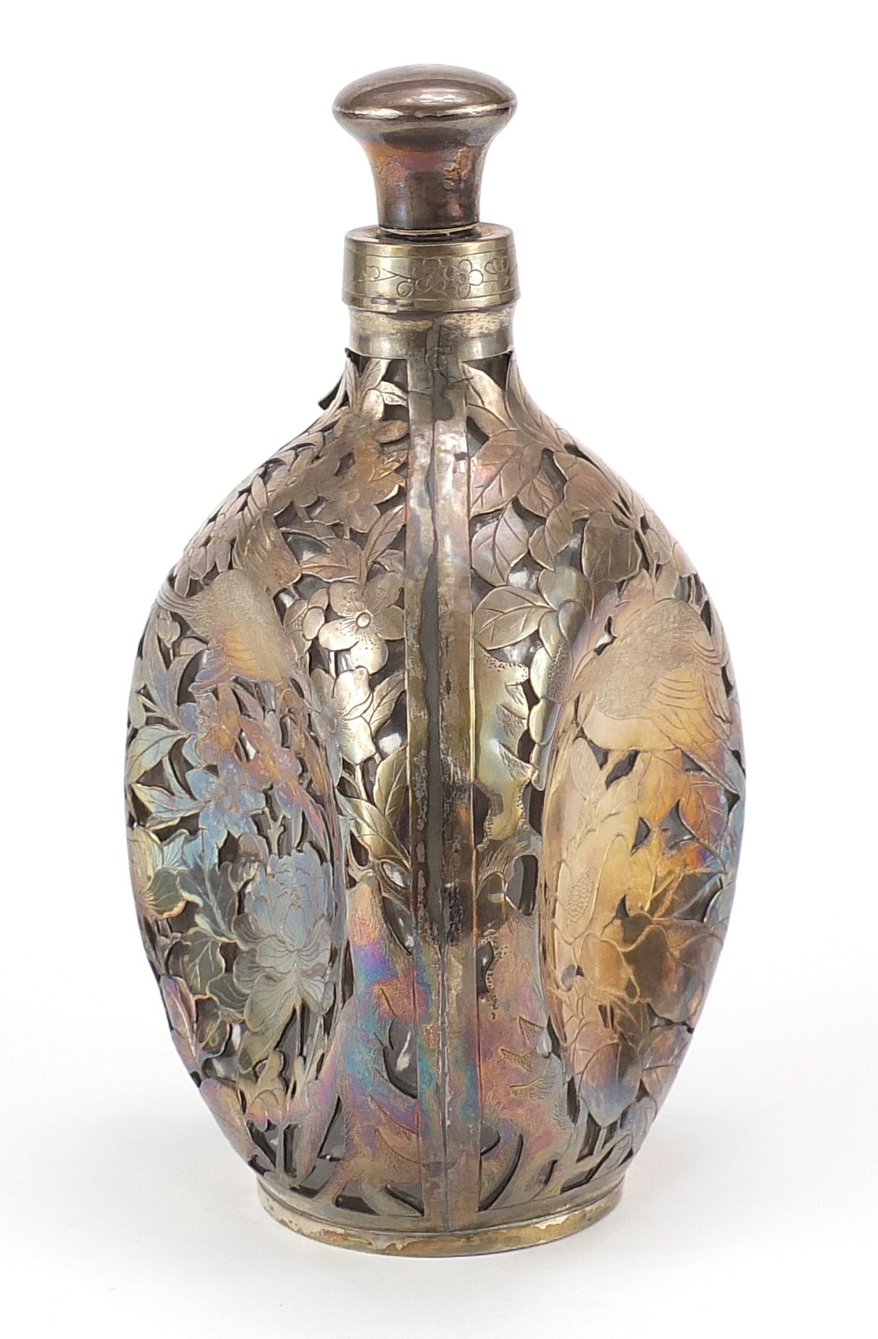 Chinese silver overlaid glass decanter with gin label, pierced and engraved all over with birds - Image 2 of 4