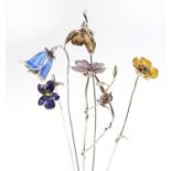 Sarah Jones, five contemporary 1980's silver flowers, four with enamel, various London hallmarks,