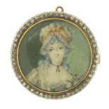 Antique unmarked gold and diamond portrait brooch pendant, housing a circular portrait hand