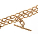 9ct rose gold watch chain with T bar and swivel clasp, 38cm in length, 39.8g