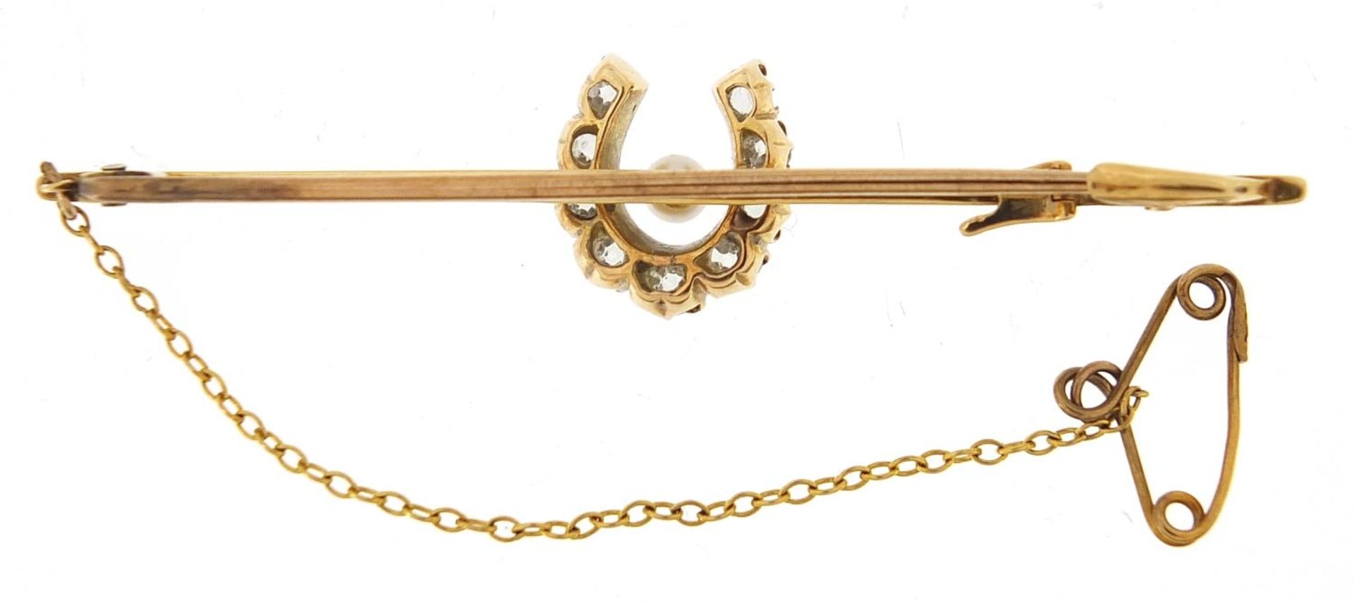 Unmarked gold diamond and pearl horseshoe bar brooch, the largest diamond approximately 0.11ct, - Image 4 of 6