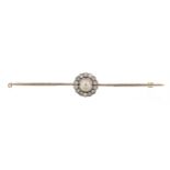 Unmarked gold pearl and diamond bar brooch, 7.5cm wide, 5.1g