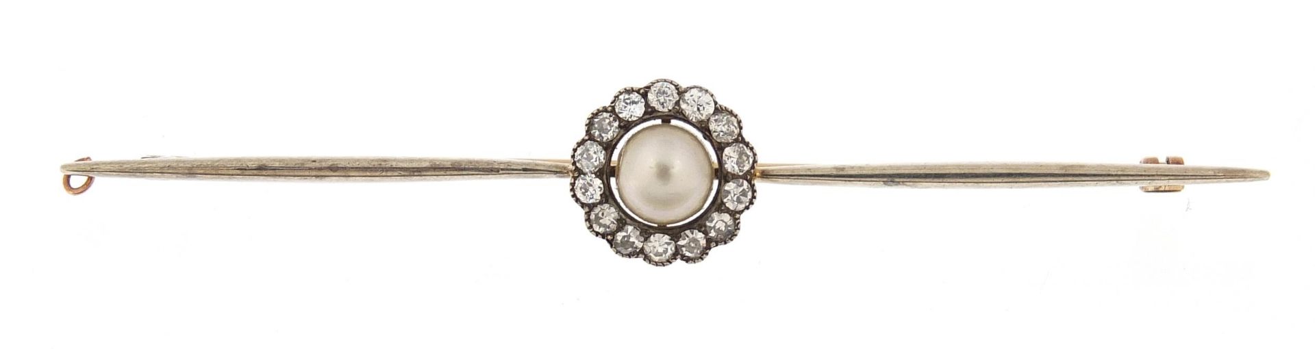 Unmarked gold pearl and diamond bar brooch, 7.5cm wide, 5.1g