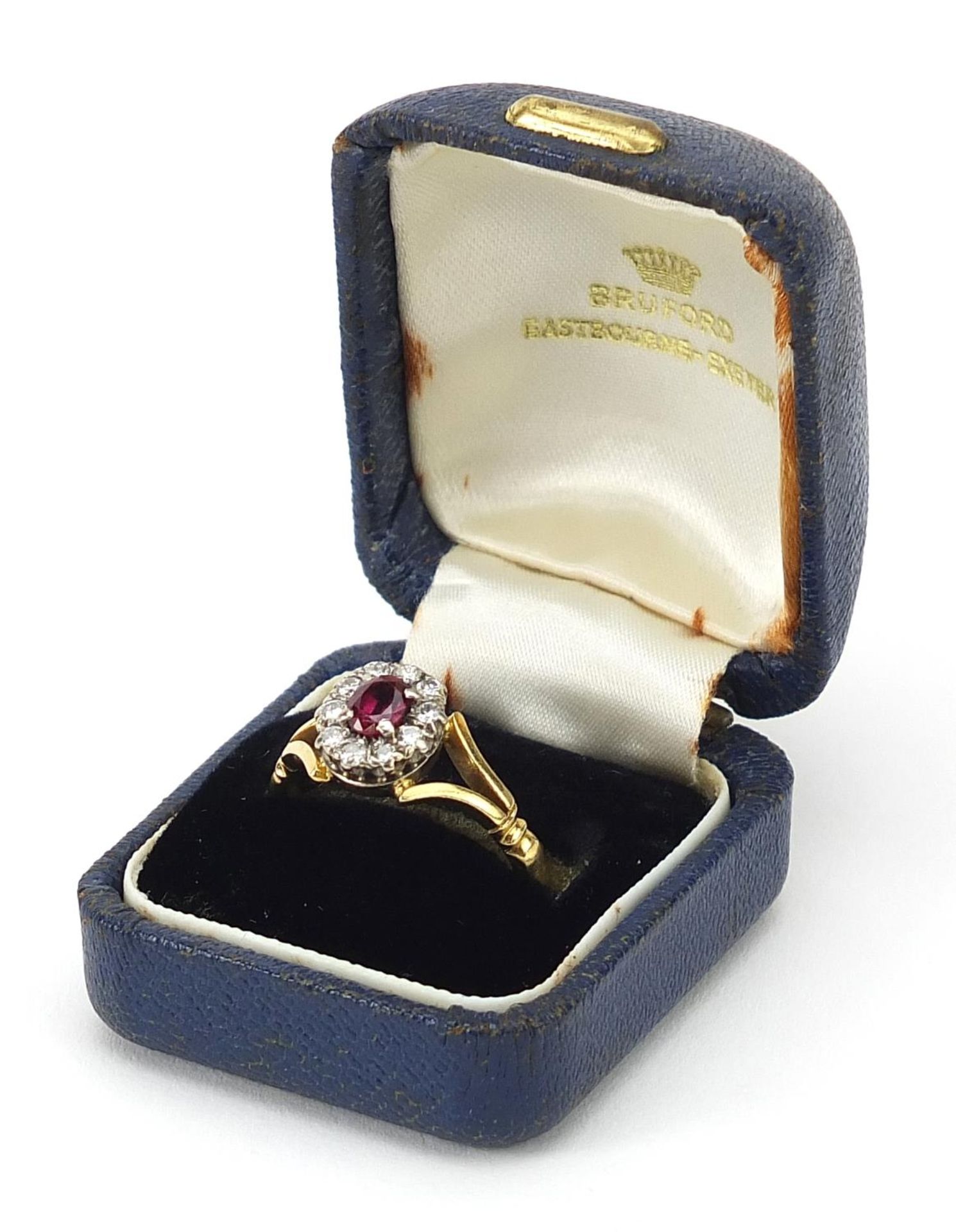 Unmarked gold ruby and diamond cluster ring housed in a Bruford Eastbourne-Exeter box, size R/S, 5. - Image 5 of 6