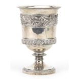 George IV silver chalice cast with acorns with leaves and grapes on vines, inset with an Elizabeth I