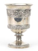 George IV silver chalice cast with acorns with leaves and grapes on vines, inset with an Elizabeth I