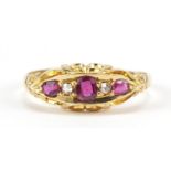 Antique 18ct gold ruby and diamond five stone ring with ornate setting, size P, 2.6g