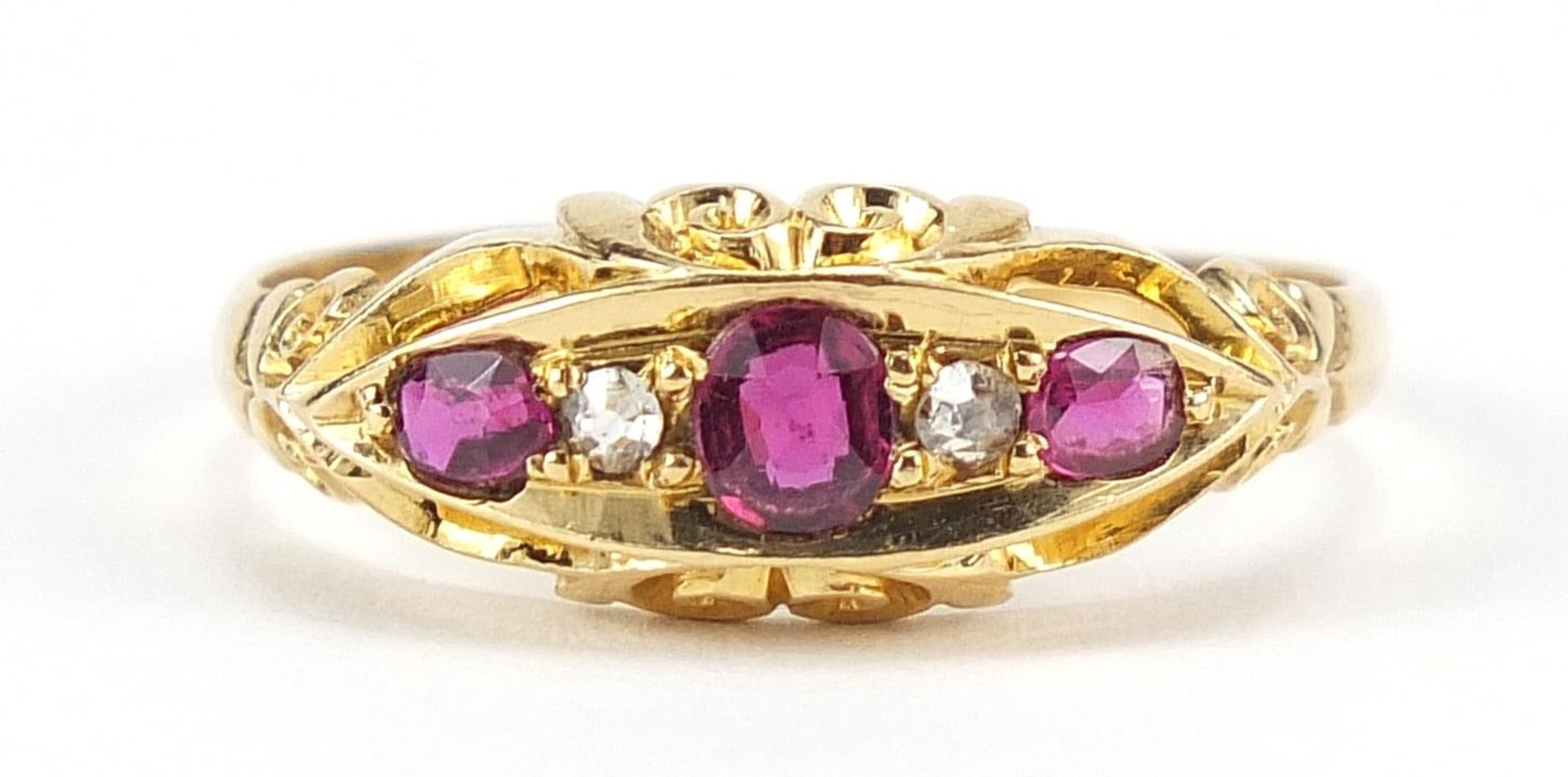 Antique 18ct gold ruby and diamond five stone ring with ornate setting, size P, 2.6g