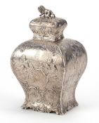 Antique Dutch silver caddy embossed with figures playing musical instruments, shepherd and Putti,