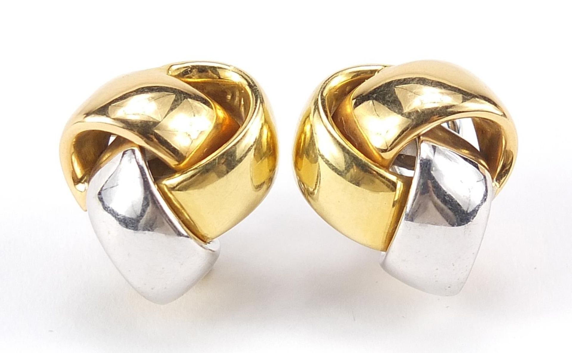 Pair of 18ct two tone gold knot earrings, 2cm high, 12.0g