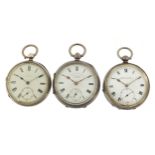 Three gentlemen's silver open face pocket watches comprising Thomas Warburton & Son, J G Graves