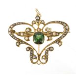 Art Nouveau 9ct gold tourmaline and seed pearl pendant, 3.5cm high, 5.5g