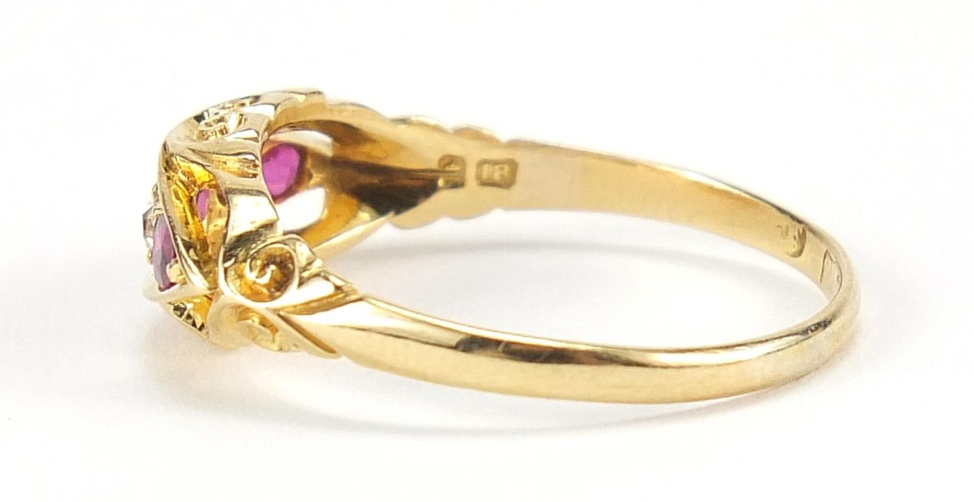 Antique 18ct gold ruby and diamond five stone ring with ornate setting, size P, 2.6g - Image 2 of 6