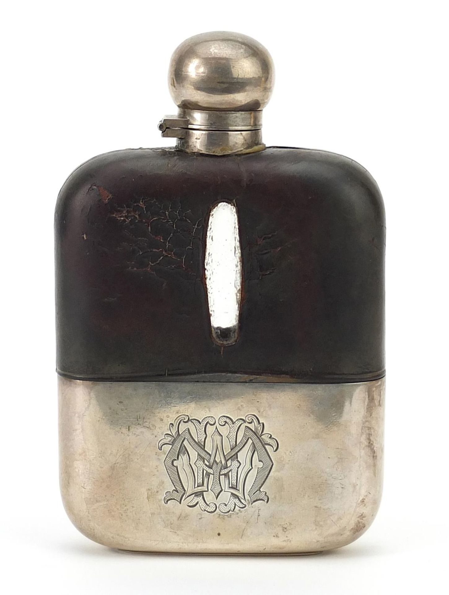 James Dixon & Sons Ltd, Edwardian silver and leather mounted glass hip flask with detachable cup and