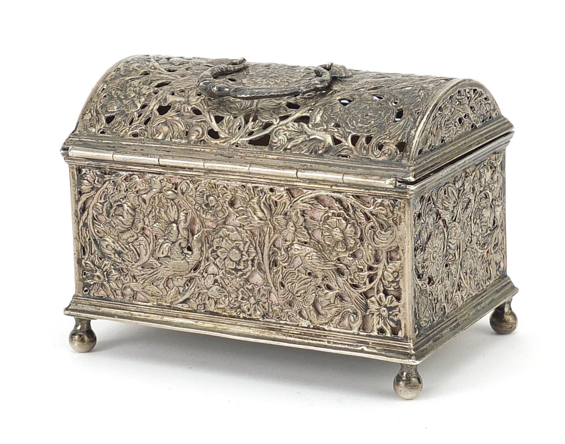 Antique Dutch silver jewel casket pierced and embossed with birds amongst flowers, 7.5cm H x 10. - Image 3 of 5