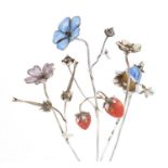 Sarah Jones, four contemporary 1980's silver and enamel flowers, including a bluebell and