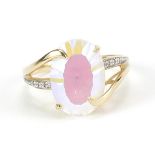 9ct gold multi coloured iridescent stone ring with diamond shoulders, size P, 3.7g