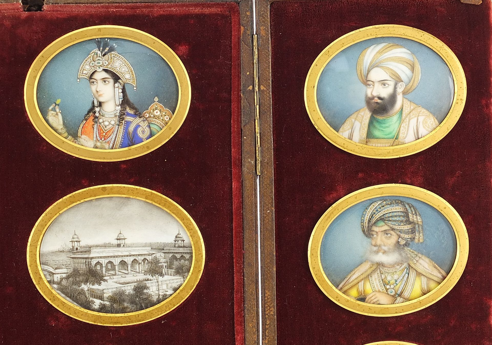 Sixteen Indian Mughal oval portrait miniatures hand painted onto ivory of temples and - Image 3 of 7