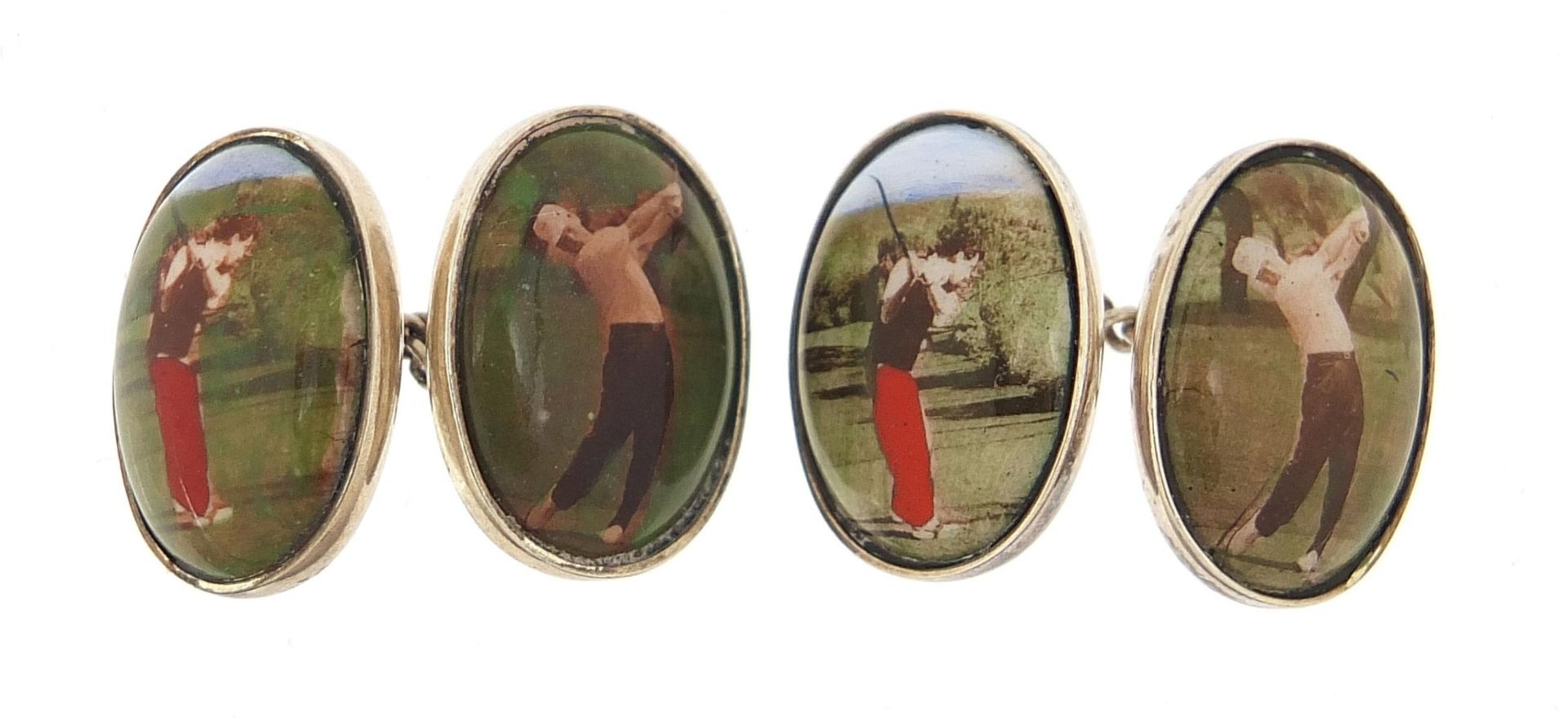 Pair of silver and enamel golfing interest cufflinks, 1.8cm high, 11.7g