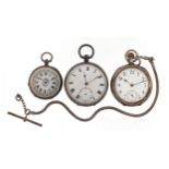 Two gentlemen's silver open face pocket watches and a ladies silver pocket watch with ornate