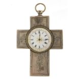 Large silver crucifix pocket watch with enamelled dial, impressed Jewish marks to the interior,