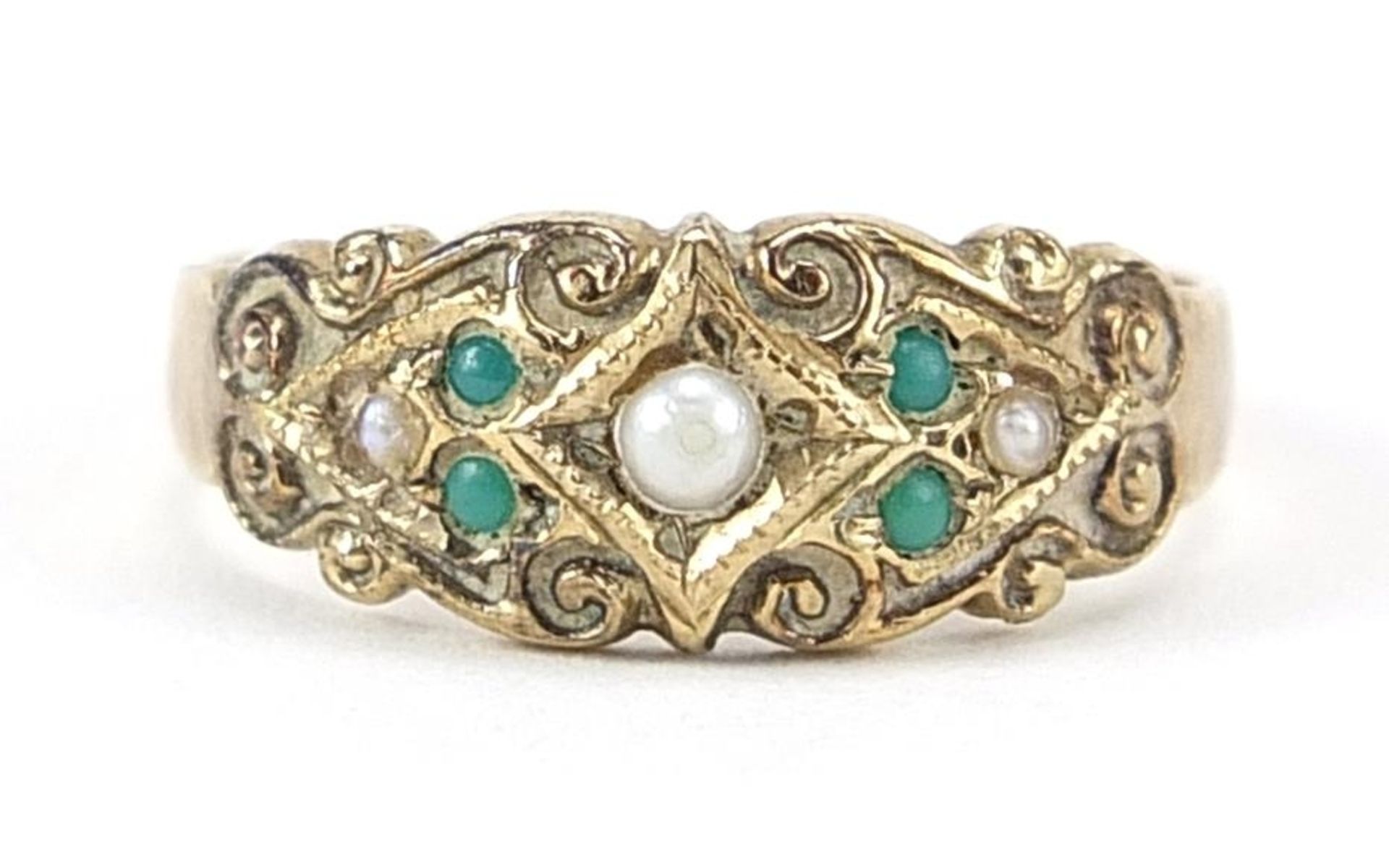 9ct gold seed pearl and turquoise ring, size L, 2.0g
