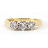 18ct gold diamond three stone ring, total diamond weight approximately 0.51ct, size J, 2.6g